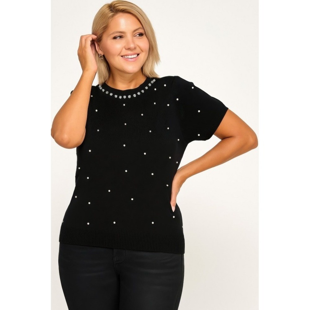 Plus size Pearl & Rhinestone Knit Sweater Top